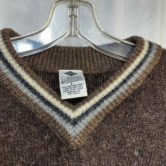 Columbia Shetland Wool Sweater Tennis Varsity Men's LG V-Neck Pullover Brown Y2K - Picture 3 of 3